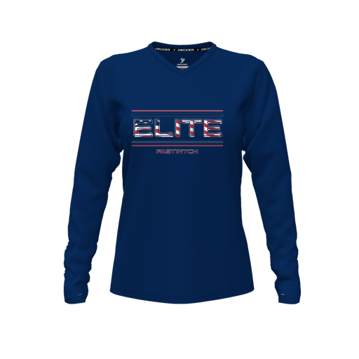 [CUS-DFW-TEES-CMF-VNK-LSL-NVY-FYXS-LOGO3] Decker Comfort T-Shirt (Female Youth XS, Navy, V Neck, Logo 3, Long Sleeve)