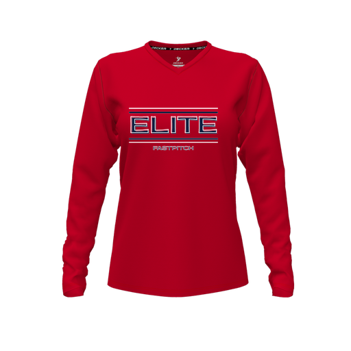 [CUS-DFW-TEES-PER-VNK-LSL-RED-FYXS-LOGO2] Performance T-Shirt (Female Youth XS, Red, V Neck, Logo 2, Long Sleeve)