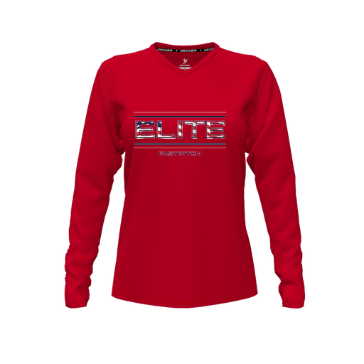 [CUS-DFW-TEES-PER-VNK-LSL-RED-FYXS-LOGO3] Decker Performance T-Shirt (Female Youth XS, Red, V Neck, Logo 3, Long Sleeve)